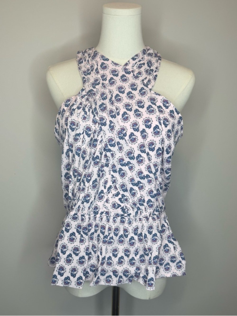 LOFT Pink Halter Peplum Top with Blue Floral Print